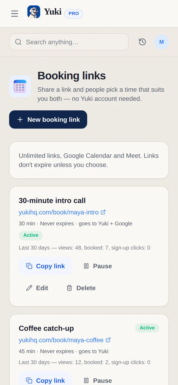 Yuki’s Booking links screen: a New booking link button and two links, a 30-minute intro call and a coffee catch-up, each with its address, views and bookings