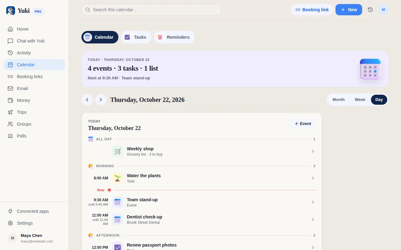 Yuki’s day view: meetings, a dentist appointment, tasks and a grocery list in time order
