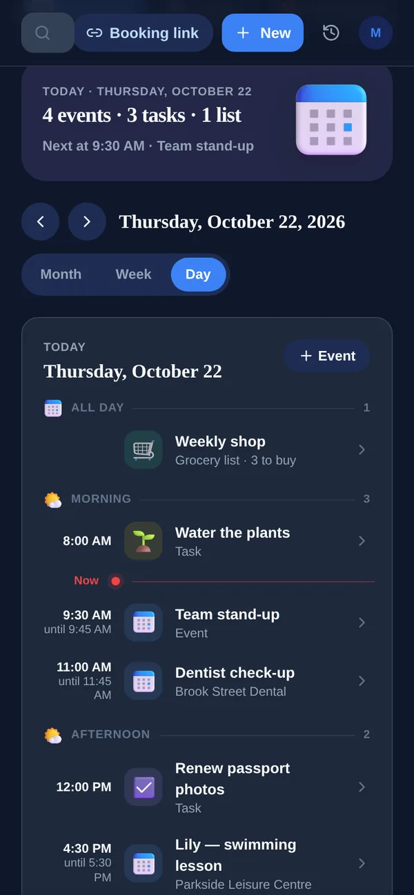 Yuki’s day view: meetings, a dentist appointment, tasks and a grocery list in time order