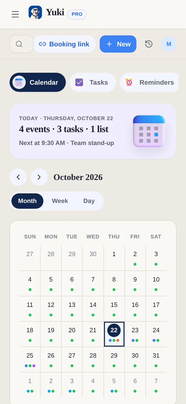 Yuki’s Calendar in Month view: a banner with today’s events, tasks and lists, the Month / Week / Day switch and a month grid with coloured dots