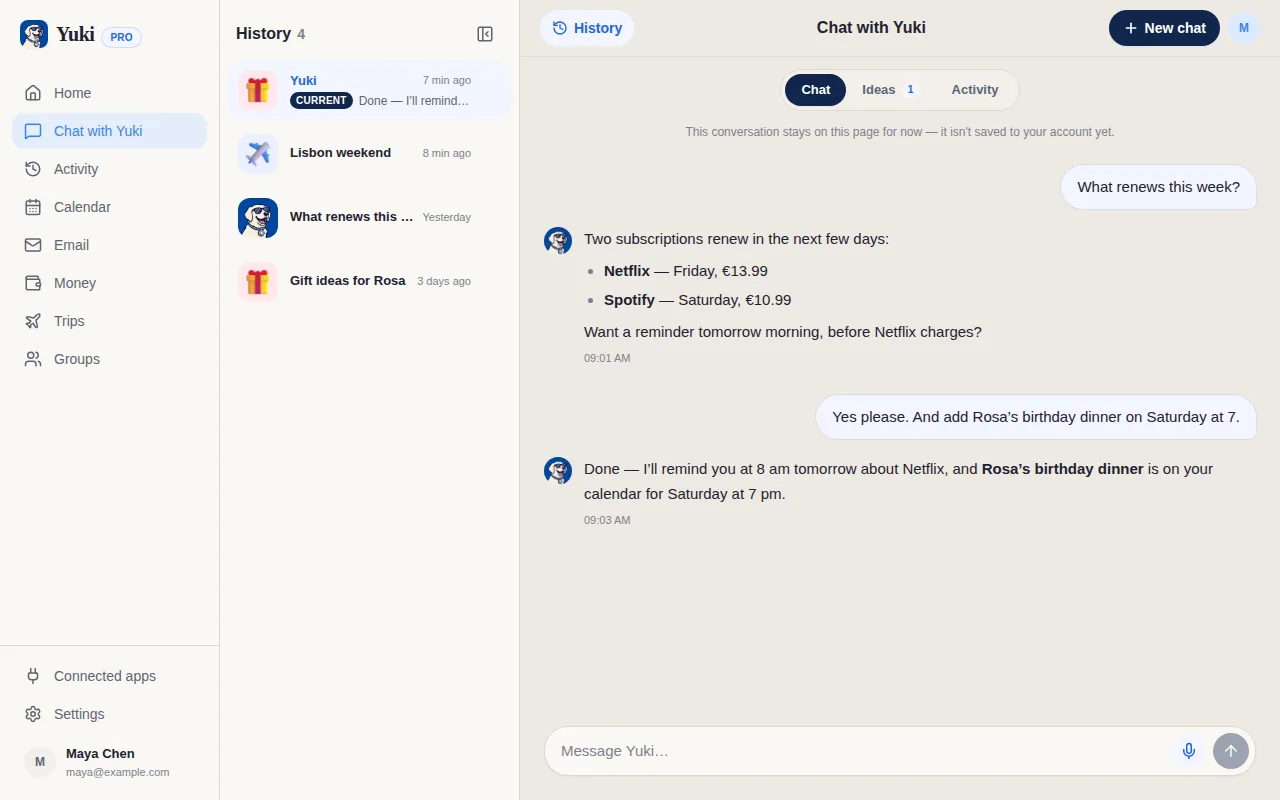 A chat with Yuki: asking what renews this week, then having Yuki set a reminder and add a dinner to the calendar
