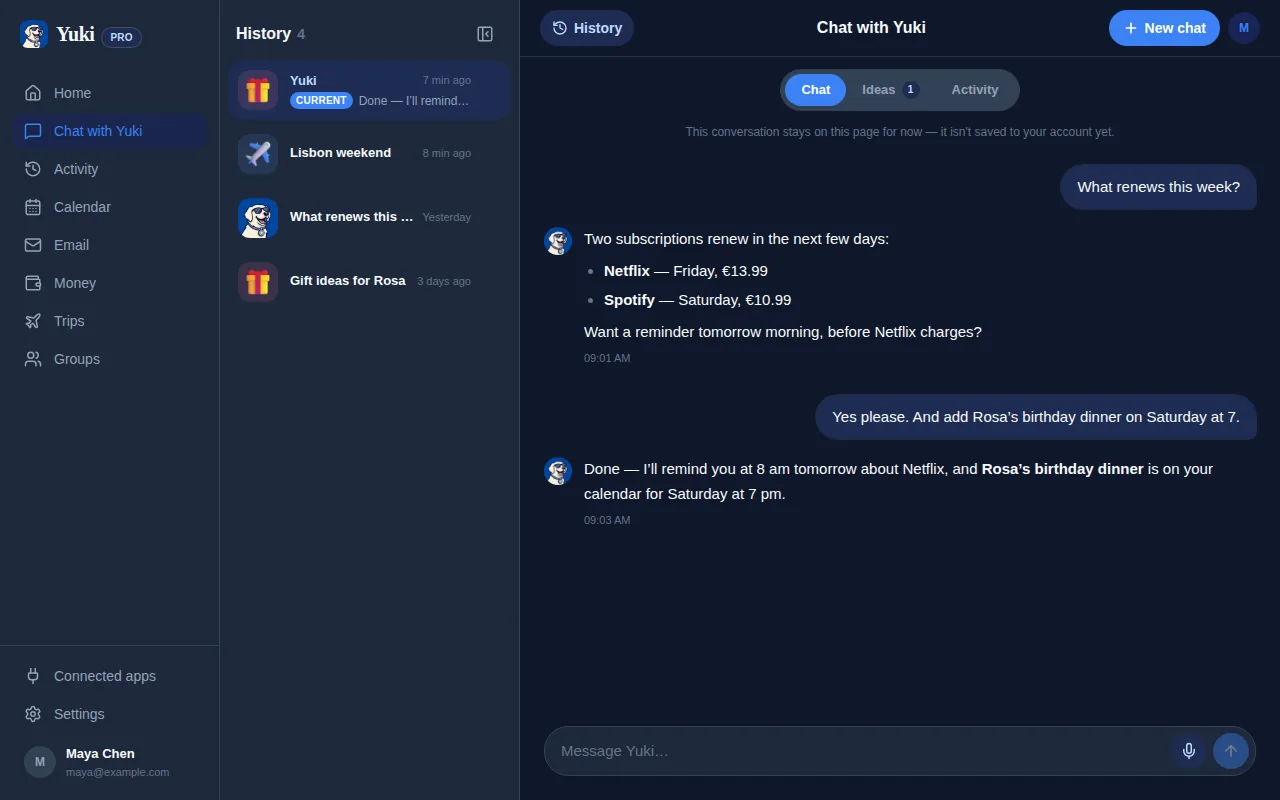 A chat with Yuki: asking what renews this week, then having Yuki set a reminder and add a dinner to the calendar