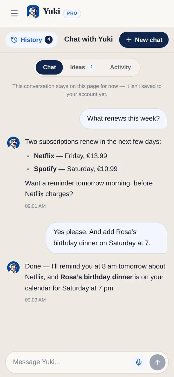 A chat with Yuki: asking what renews this week, then having Yuki set a reminder and add a dinner to the calendar