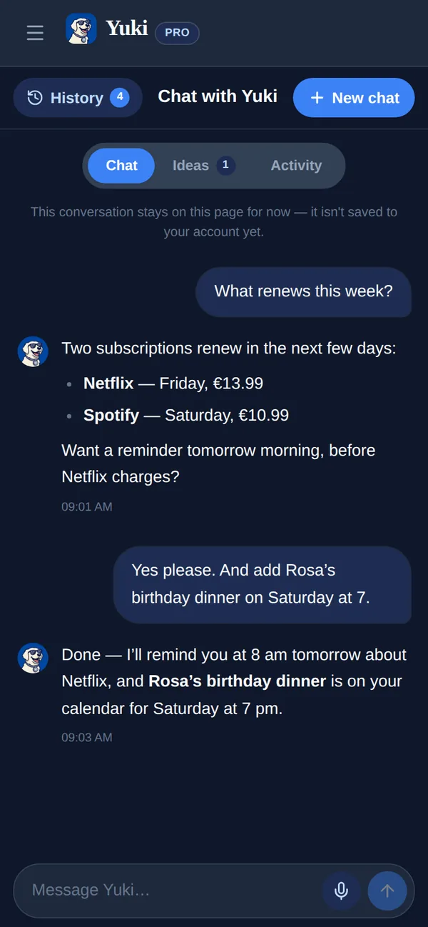 A chat with Yuki: asking what renews this week, then having Yuki set a reminder and add a dinner to the calendar