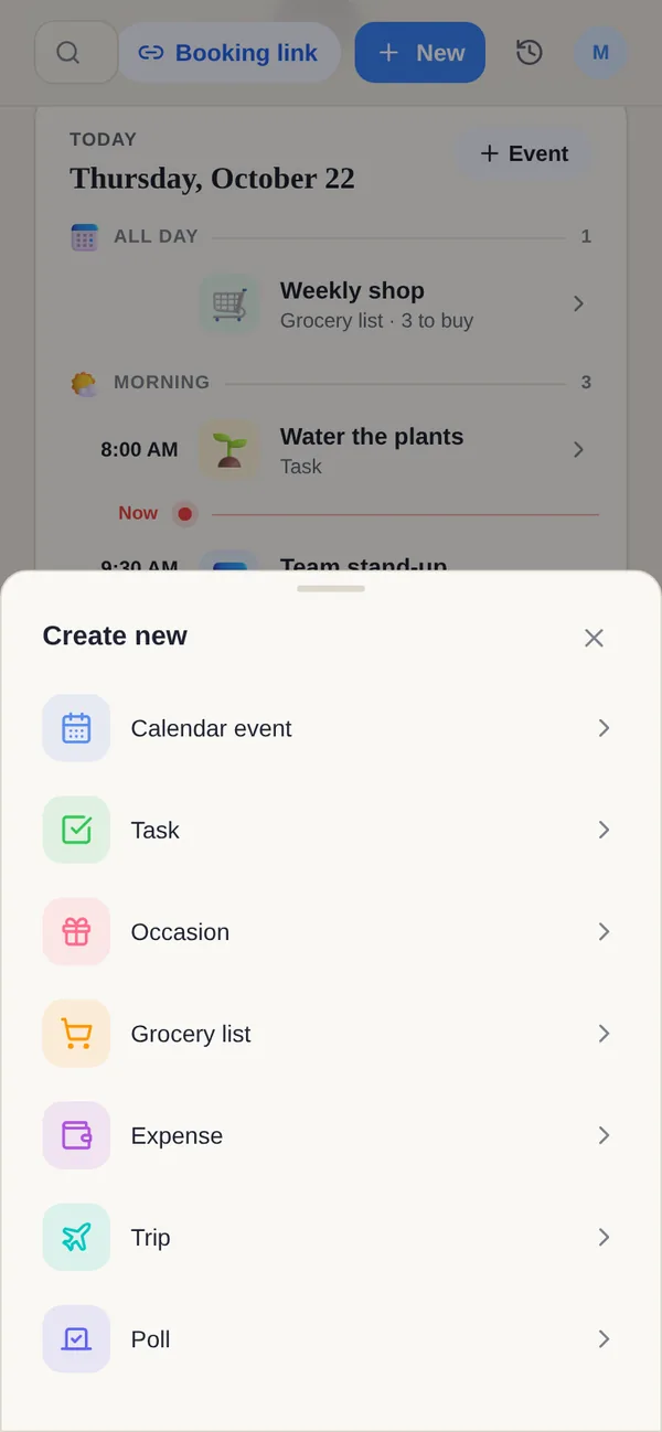 Yuki’s Create new sheet: Calendar event, Task, Occasion, Groceries and Recipes, Expense, Trip and Poll