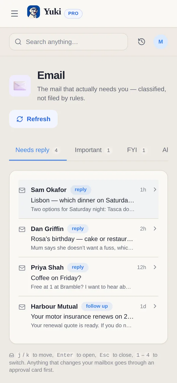 Yuki’s Email view: the messages that need a reply, sorted apart from important mail and FYIs