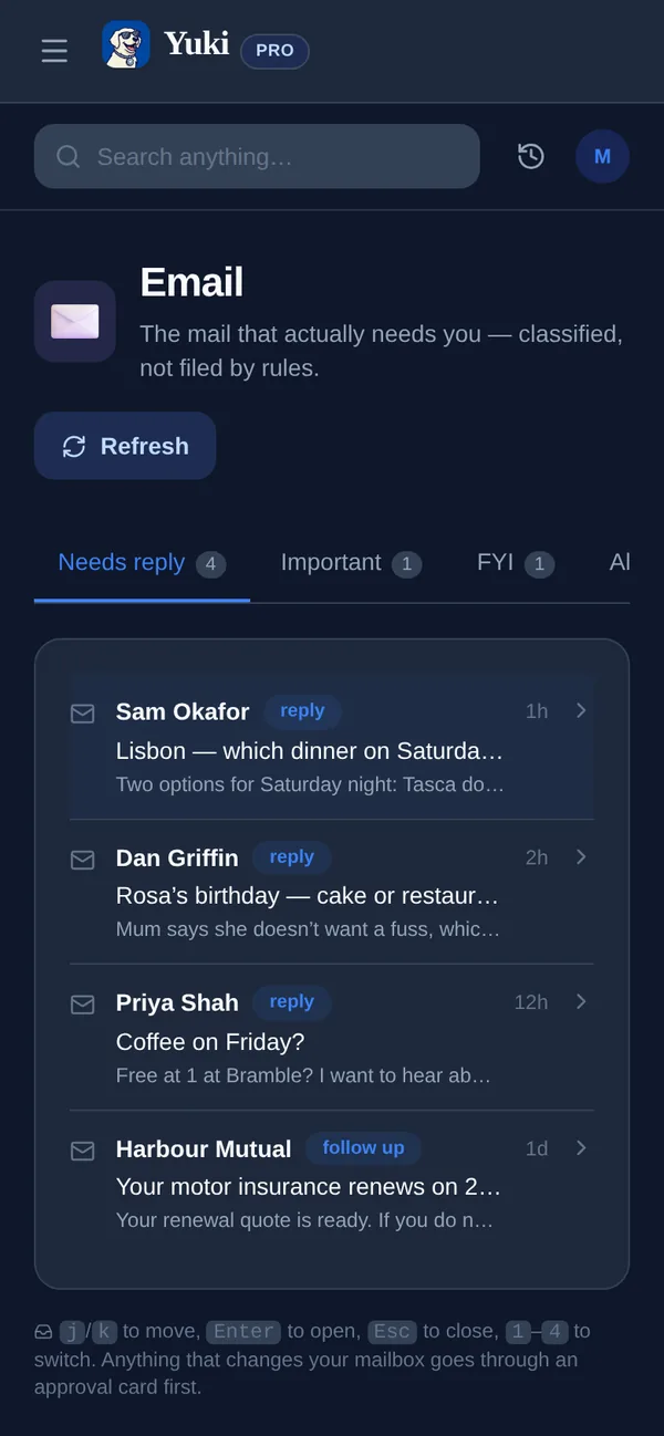 Yuki’s Email view: the messages that need a reply, sorted apart from important mail and FYIs