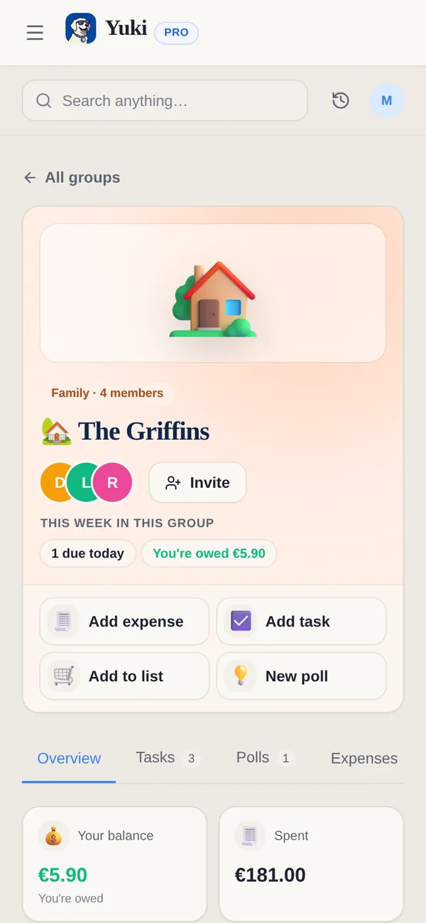 A shared family group in Yuki: members, what is due this week and quick ways to add an expense, a task, a list item or a poll