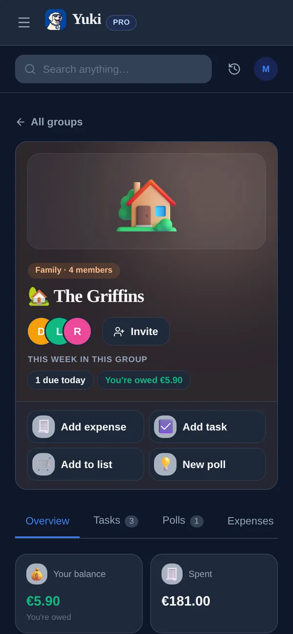A shared family group in Yuki: members, what is due this week and quick ways to add an expense, a task, a list item or a poll