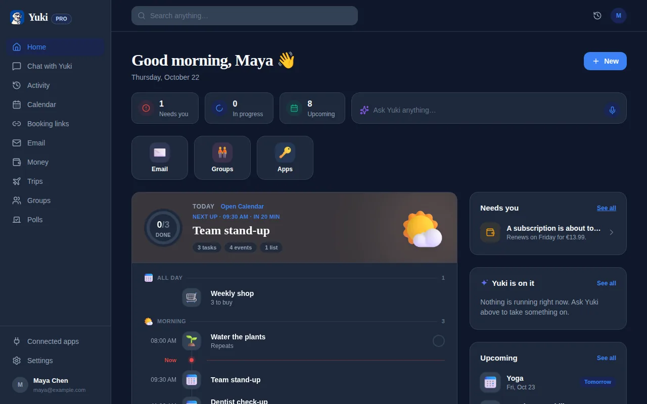 Yuki’s Home screen: what needs you, and today’s plan with events, tasks and a grocery list