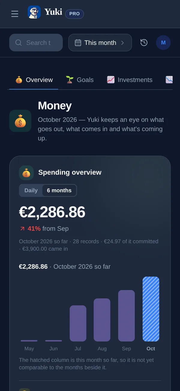 Yuki’s Money overview: this month’s spending, a six-month trend and the top spending categories