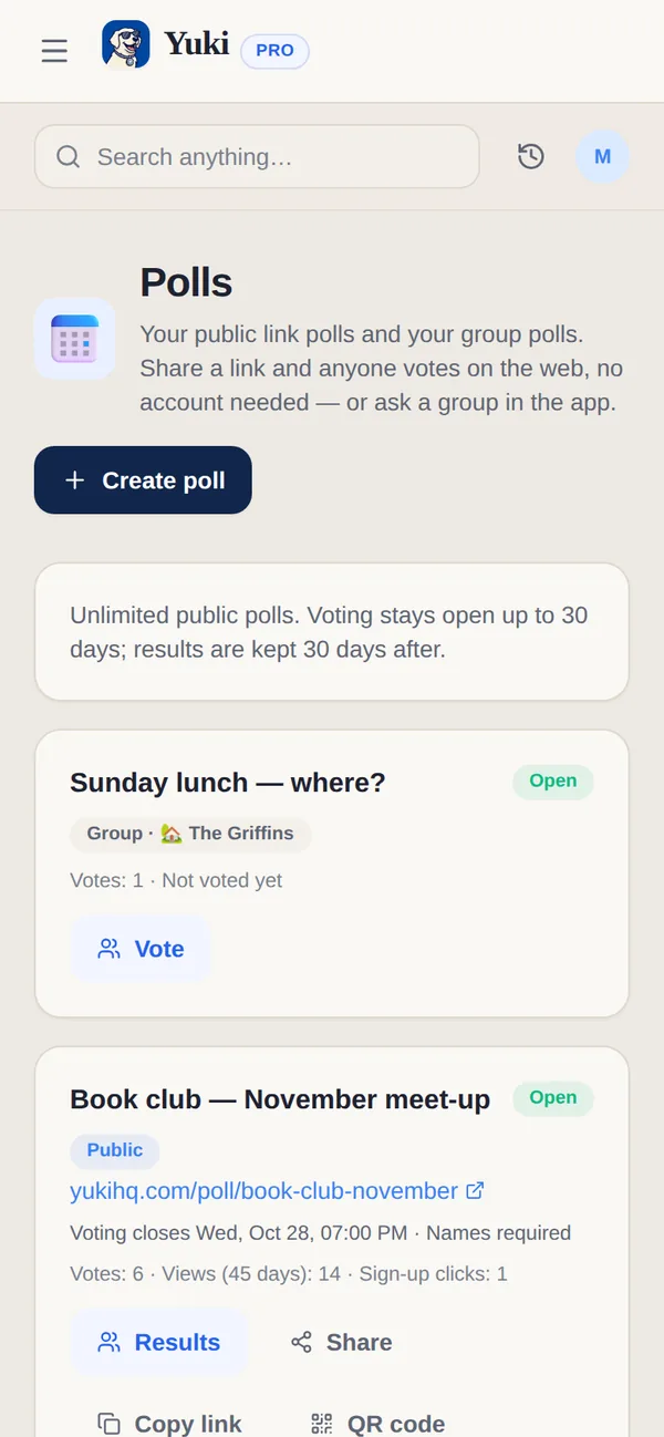Yuki’s Polls screen: a Create poll button, a group poll for The Griffins and a public poll with its link, closing date and votes