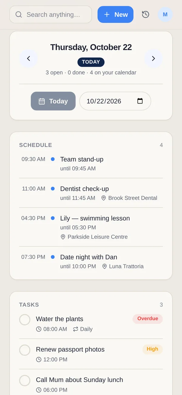 Yuki’s Tasks view: today’s schedule and open tasks with due times, a daily repeat and a priority
