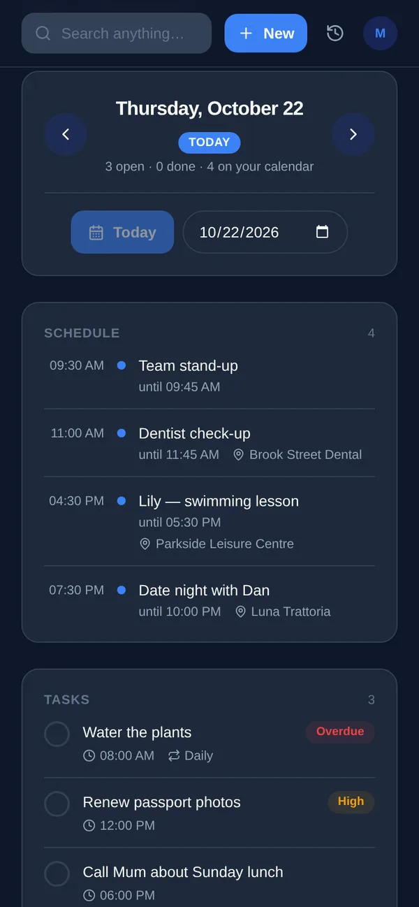 Yuki’s Tasks view: today’s schedule and open tasks with due times, a daily repeat and a priority