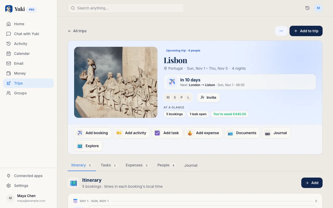 A Yuki trip to Lisbon built from booking emails: the countdown, who is going, and a day-by-day itinerary of flights and the guesthouse