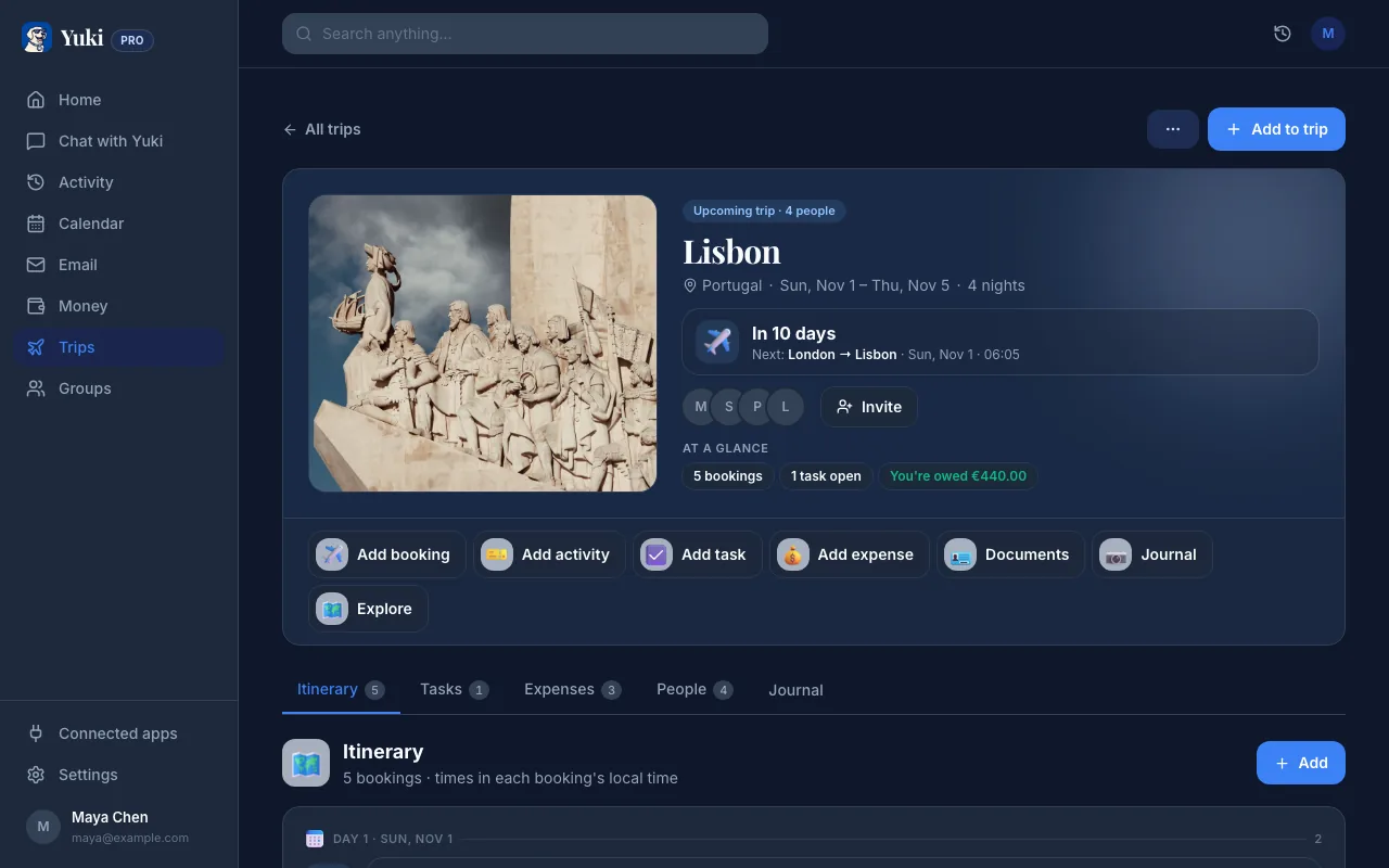 A Yuki trip to Lisbon built from booking emails: the countdown, who is going, and a day-by-day itinerary of flights and the guesthouse