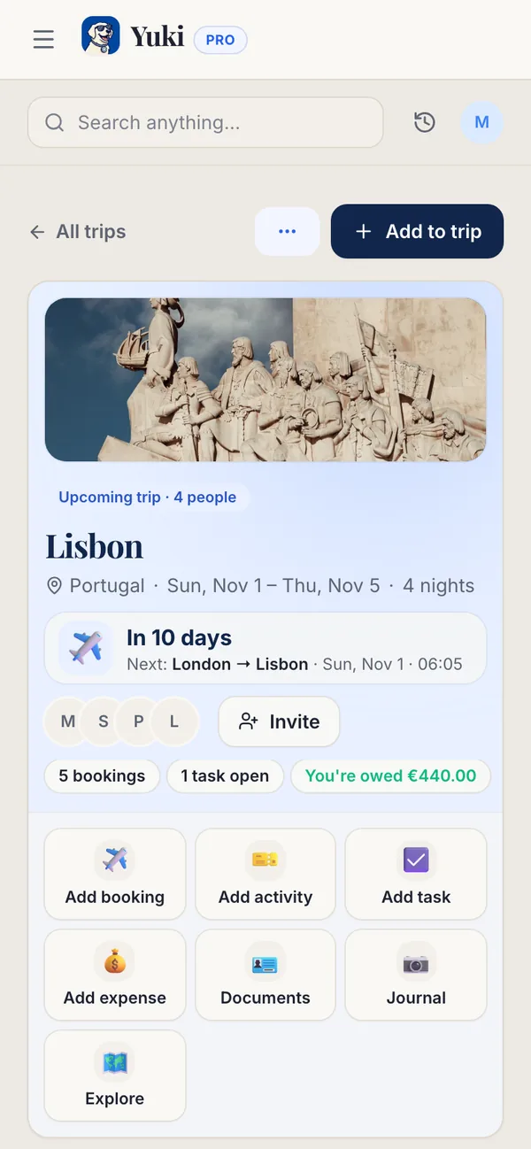 A Yuki trip to Lisbon built from booking emails: the countdown, who is going, and a day-by-day itinerary of flights and the guesthouse