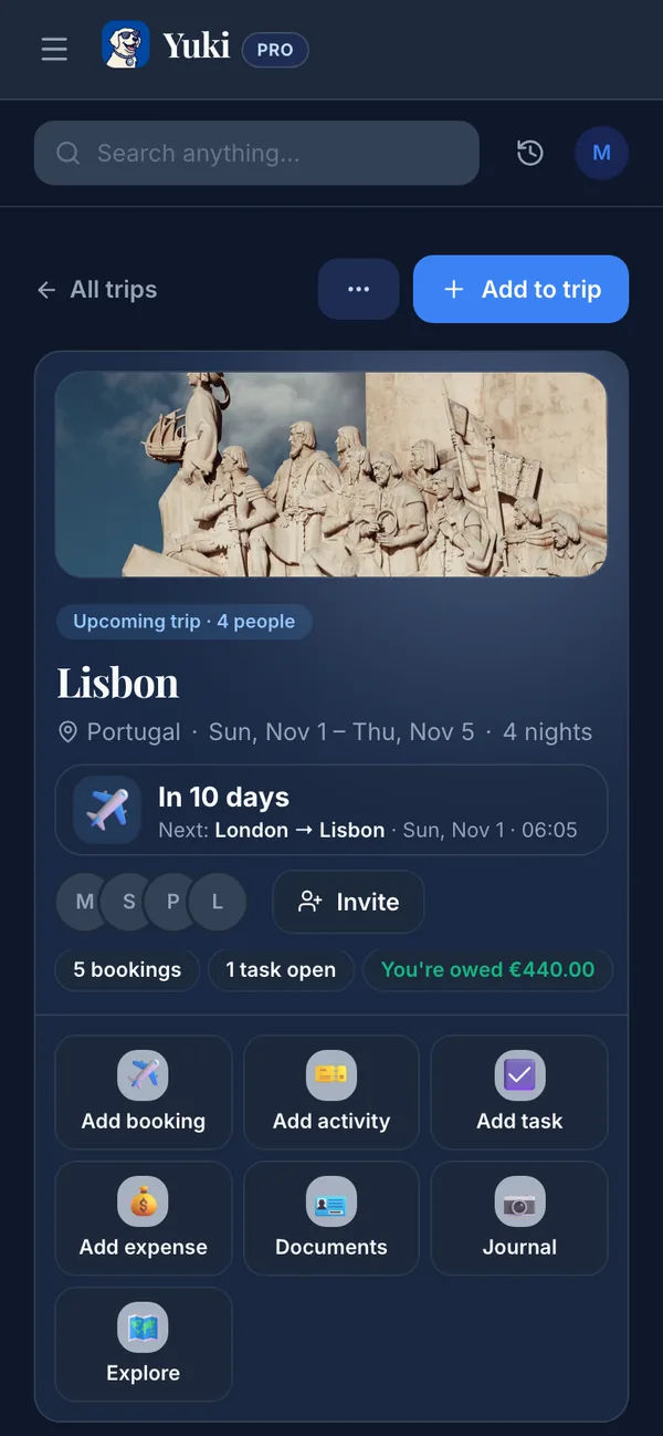A Yuki trip to Lisbon built from booking emails: the countdown, who is going, and a day-by-day itinerary of flights and the guesthouse