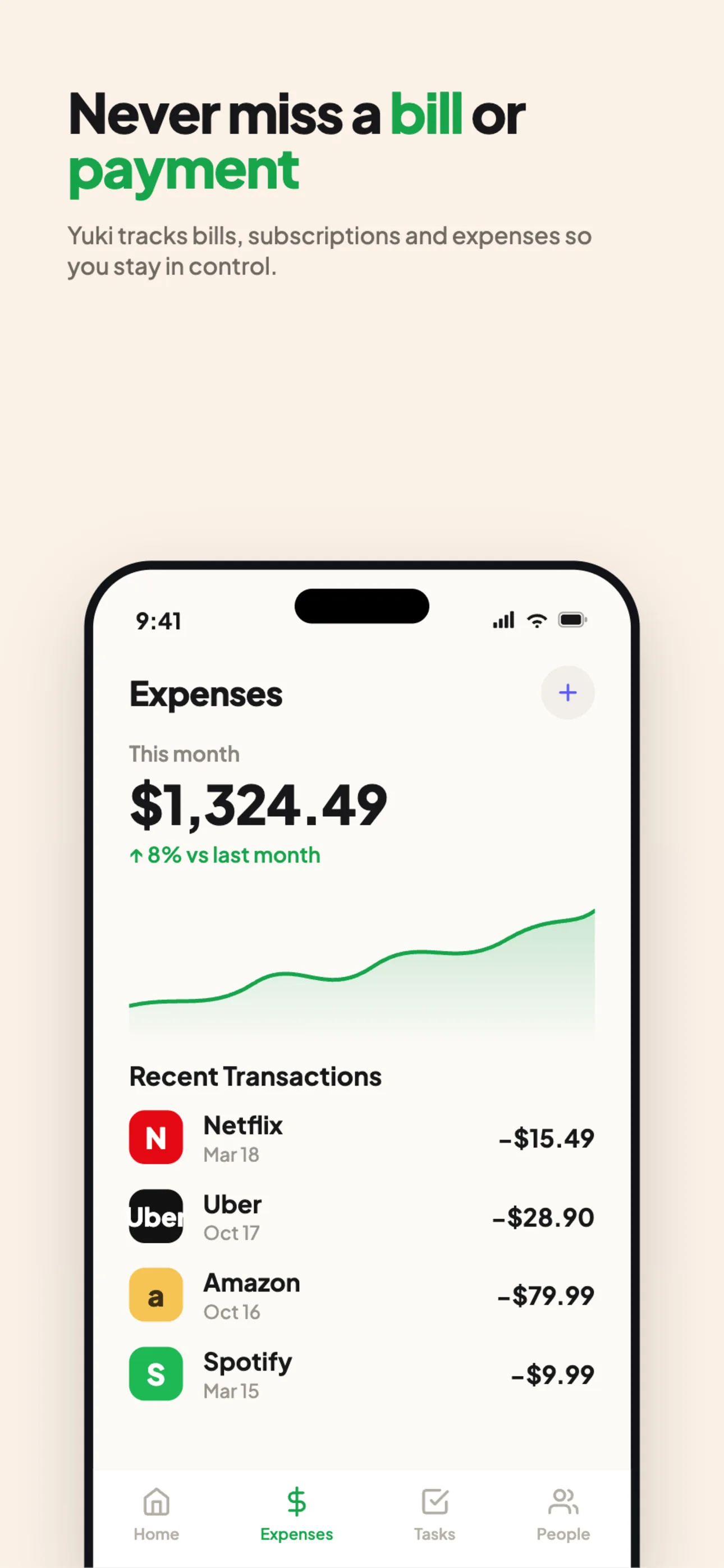 Yuki budget view tracking monthly spend automatically with the option to split a budget with your partner