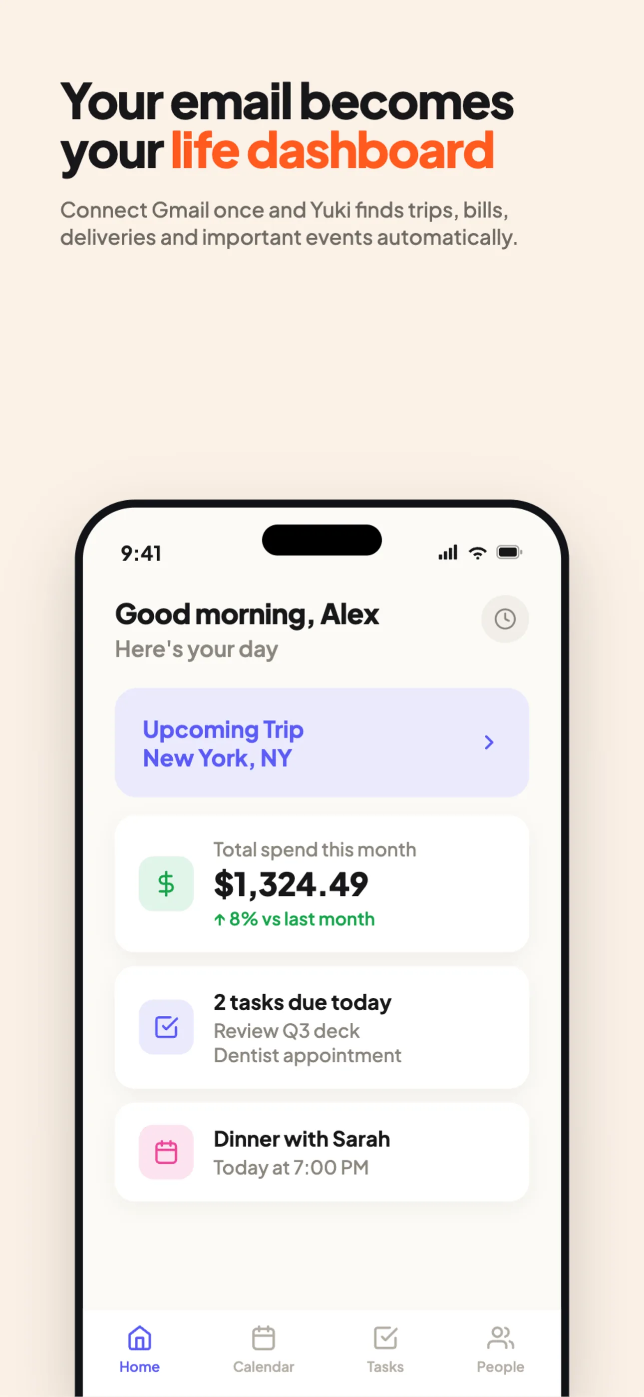 Yuki's Today view turning inbox confirmations — a flight, a hotel, an order, a bill — into organized items