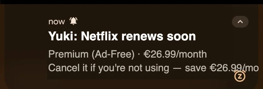 A Yuki notification: “Netflix renews soon — Premium (Ad-Free) · €26.99/month. Cancel it if you’re not using — save €26.99/mo.”