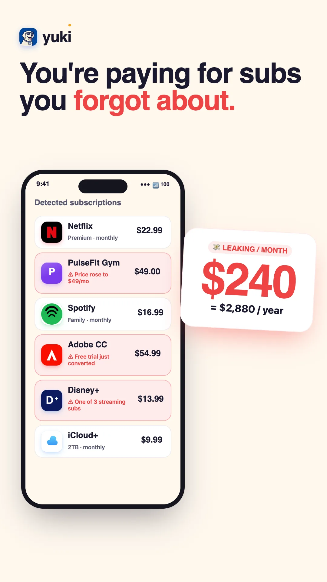 Yuki listing recurring subscriptions detected from the inbox, each with its price and renewal date