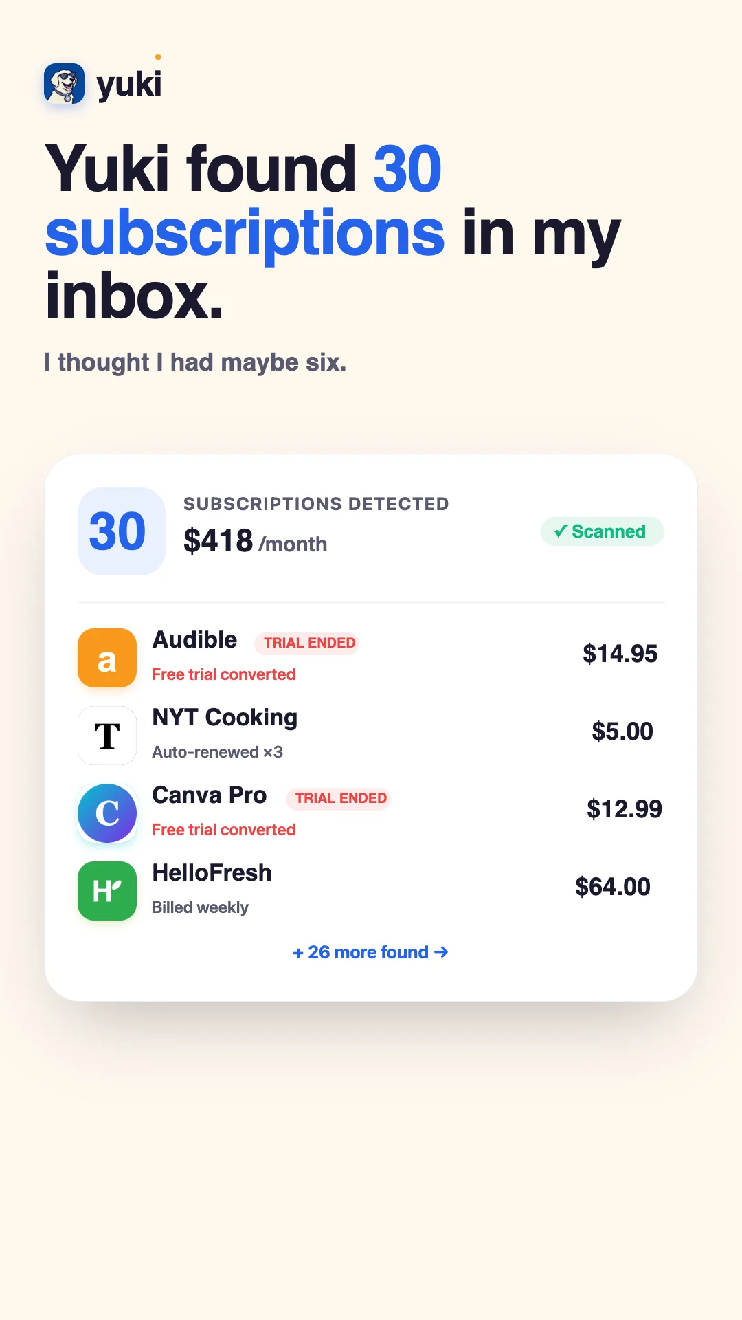 Yuki showing money wasted on forgotten subscriptions — the recurring charges adding up unnoticed each month