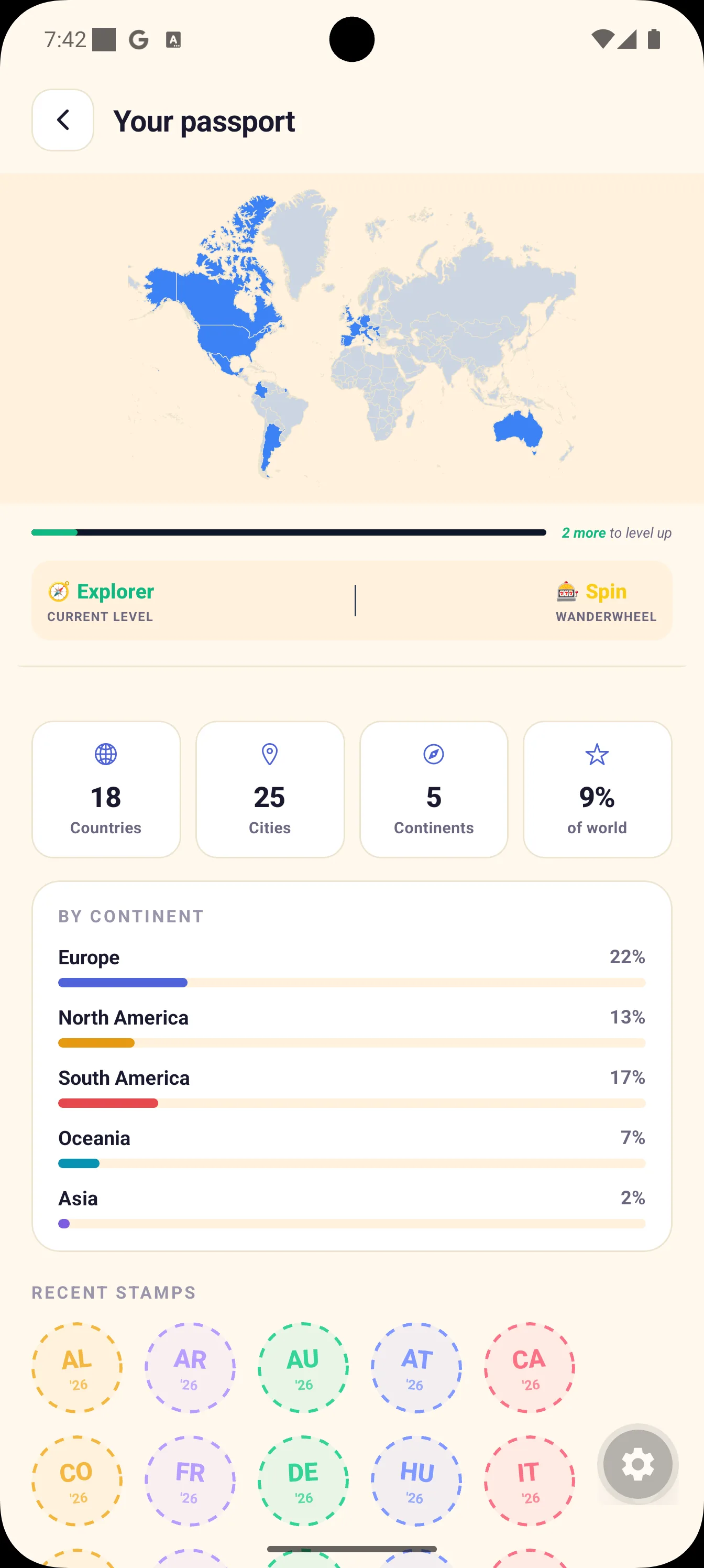 Yuki travel passport — a world map of countries visited with stats for countries, cities and continents, and recent stamps