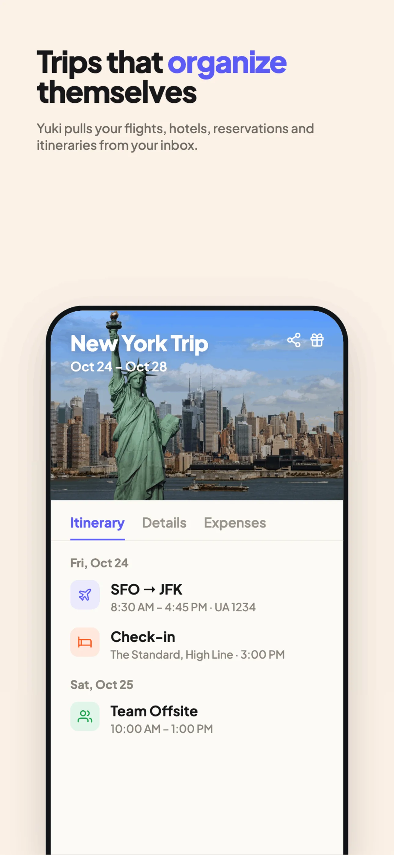 A Yuki trip itinerary built automatically from booking emails